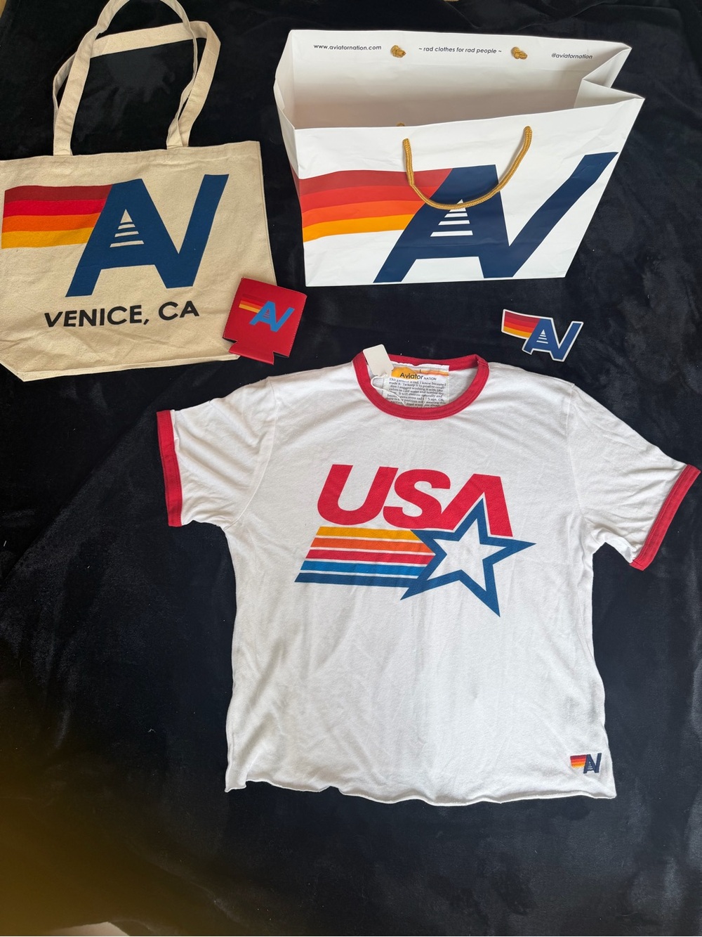 NWT Aviator Nation USA STAR Ringer Tee  Large  + Tote bag